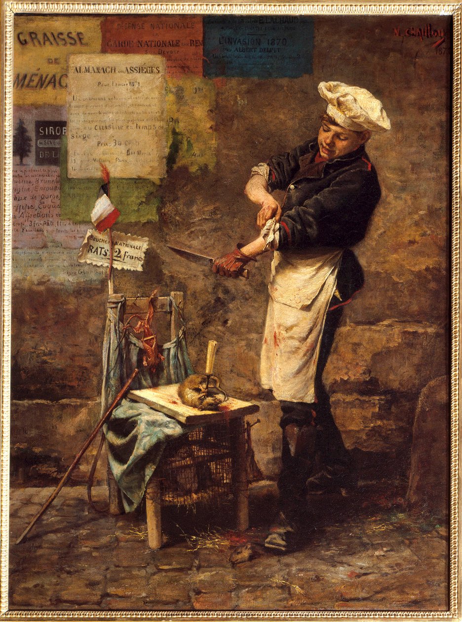 Rottamyyjä Pariisin piirityksen aikana vuonna 1870 (h s/t 0,64 x 0,47) Narcisse Chailloun maalaus vuodelta 1870 (1835-1916) (Rat Seller Pariisin piirityksen aikana tekijältä Narcisse Chaillou