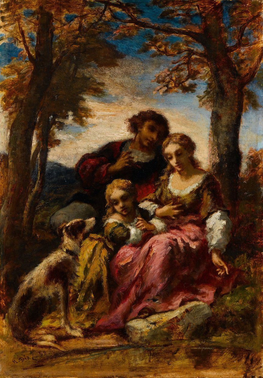 Figuurit ja koira maisemassa, 1852. tekijältä Narcisse Virgile Diaz de la Peña