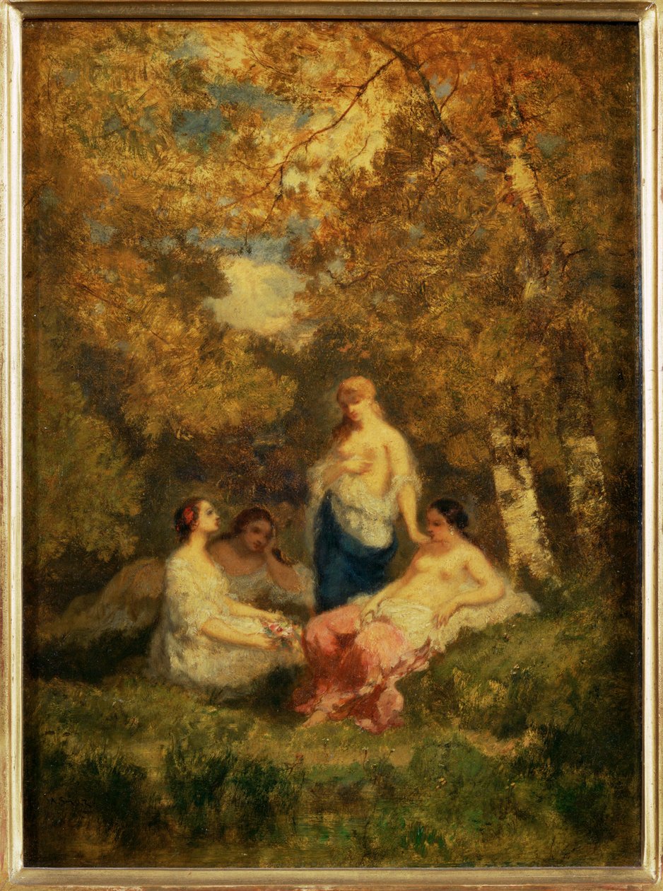 Quatre filles au repos dans la foret - Neljä tyttöä lepäämässä ... tekijältä Narcisse Virgile Diaz de la Peña