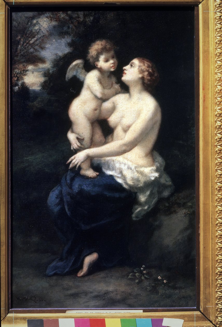 "Venus pitelee Cupidia sylissään" (Venus, jossa Cupid on sylissään). Narcissus Virgilio Diaz de la Penan (1807-1876) maalaus 1800-luvun Pushkinin taidemuseo, Moskova tekijältä Narcisse Virgile Diaz de la Peña