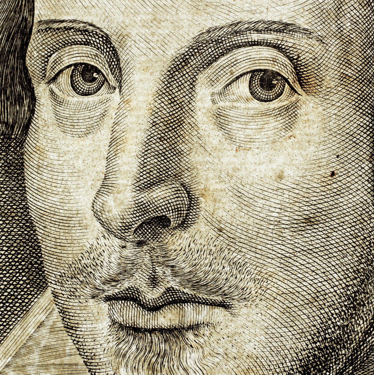Yksityiskohta William Shakespearen muotokuvasta teoksen Comedies, histories,  t.... tekijältä Nathan Benn