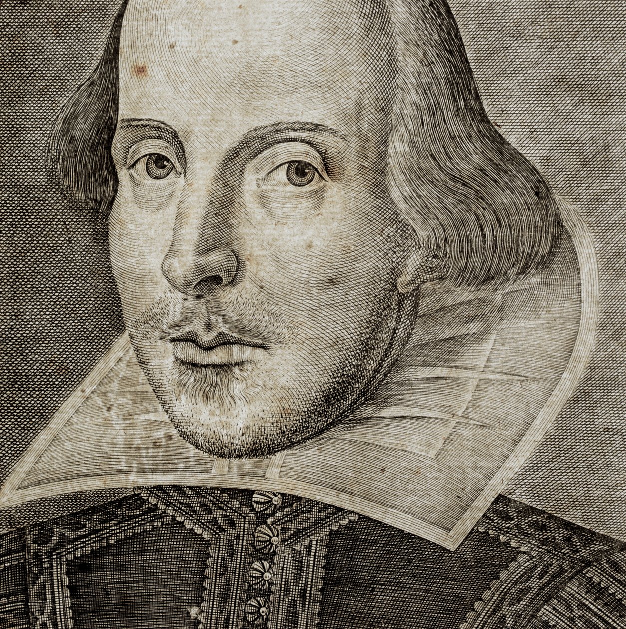 Yksityiskohta William Shakespearen muotokuvasta teoksen Comedies, histories,  t.... tekijältä Nathan Benn