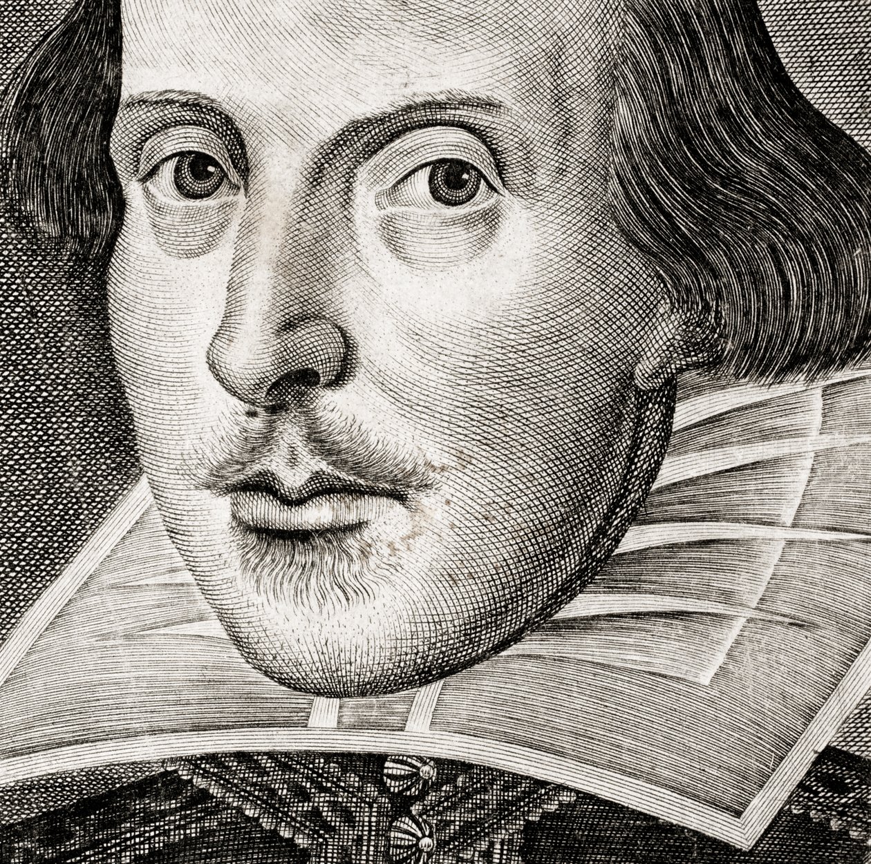 Yksityiskohta William Shakespearen muotokuvasta teoksen Comedies, histories,  t.... tekijältä Nathan Benn