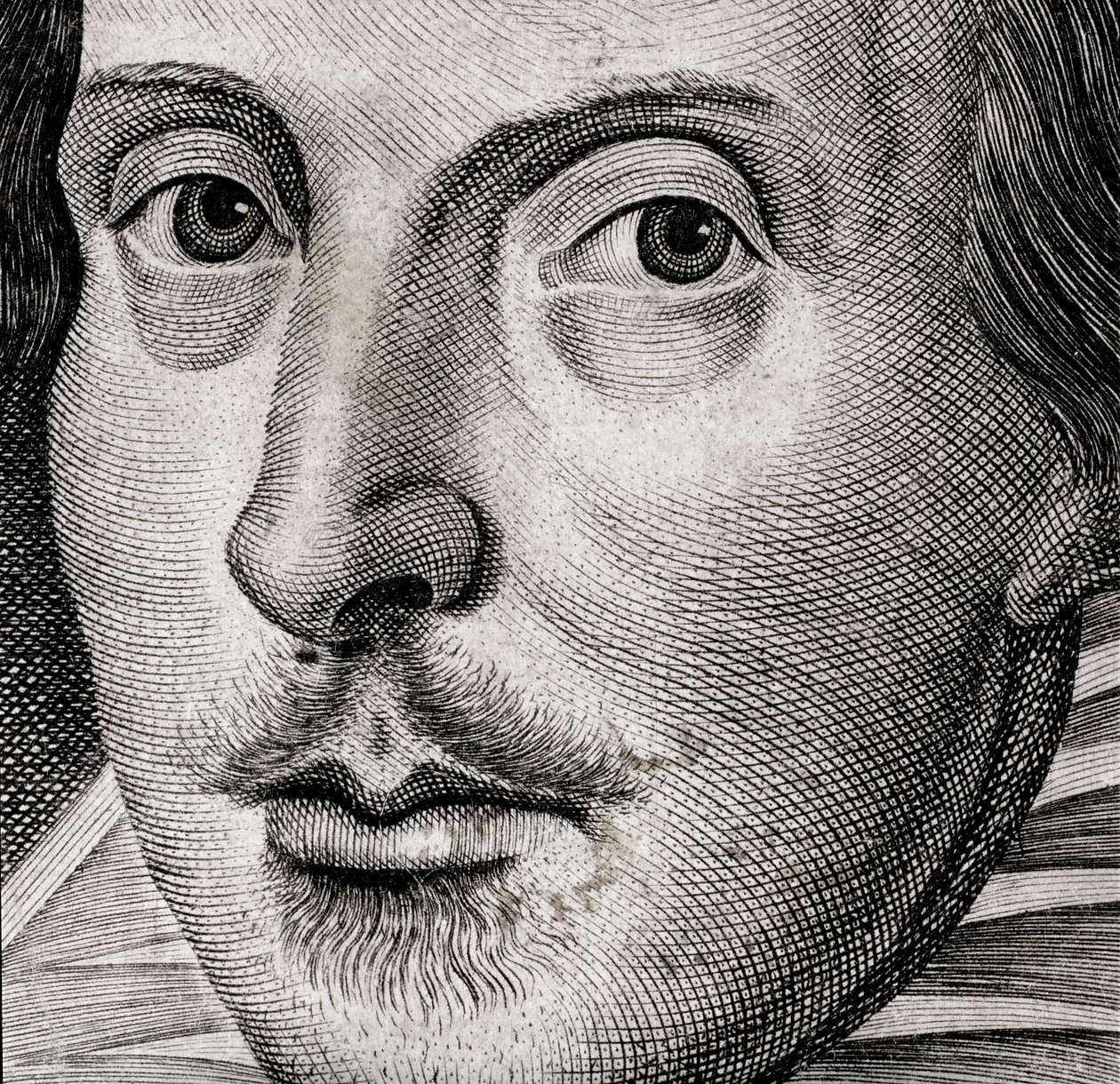 Yksityiskohta William Shakespearen muotokuvasta teoksen Comedies, histories,  t.... tekijältä Nathan Benn
