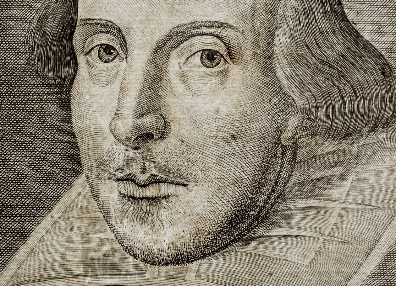 Yksityiskohta William Shakespearen muotokuvasta teoksen Comedies, histories,  t.... tekijältä Nathan Benn