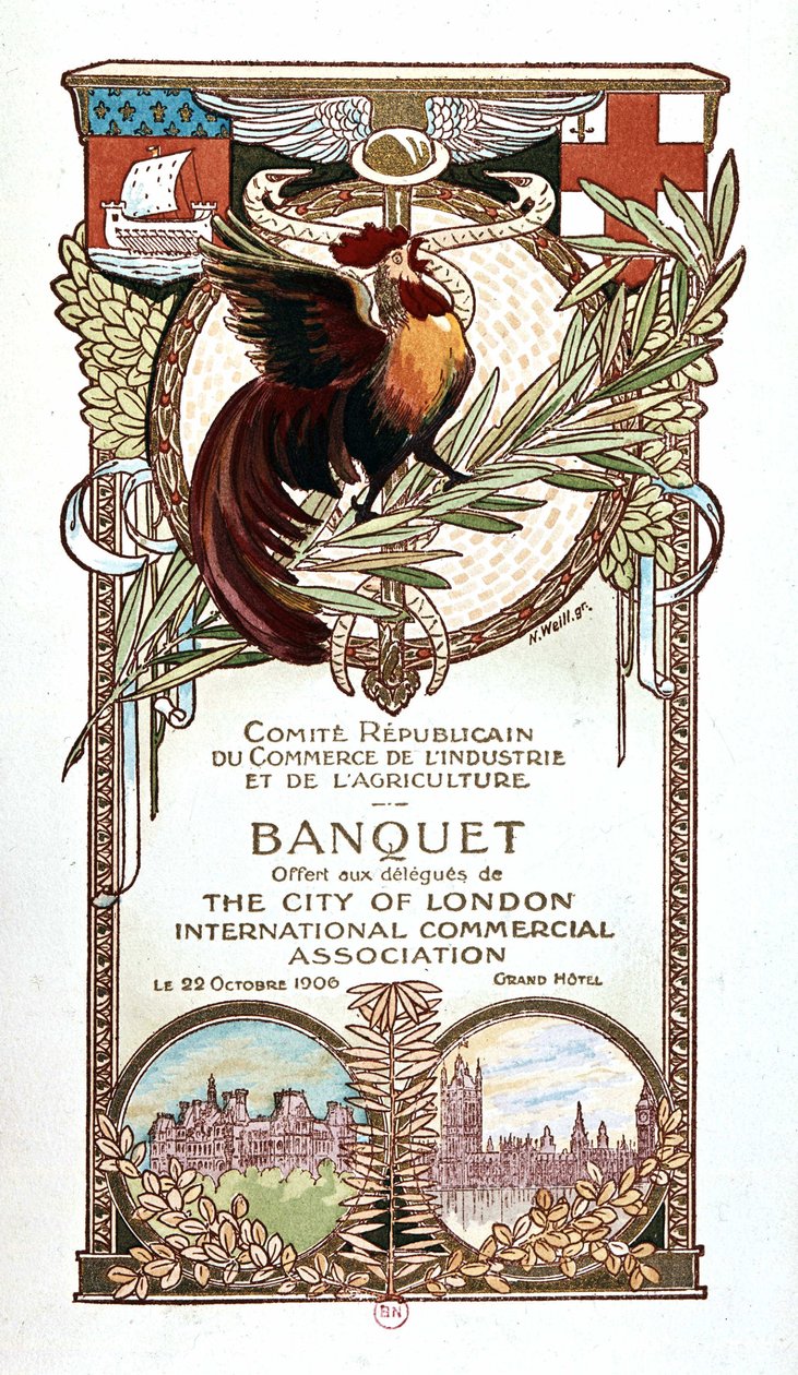 Rooster and Monuments, republikaanien kauppa-, teollisuus- ja maatalouskomitean juhlamenu tarjosi 22.11.1906 Lontoon Cityn kansainvälisen kaupallisen yhdistyksen edustajille tekijältä Nathan Weill