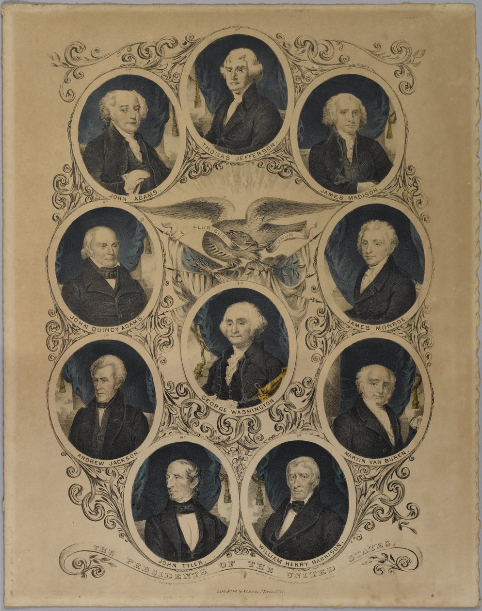 Yhdysvaltain presidentit, 1844 (käsinvärinen litho) tekijältä Nathaniel Currier
