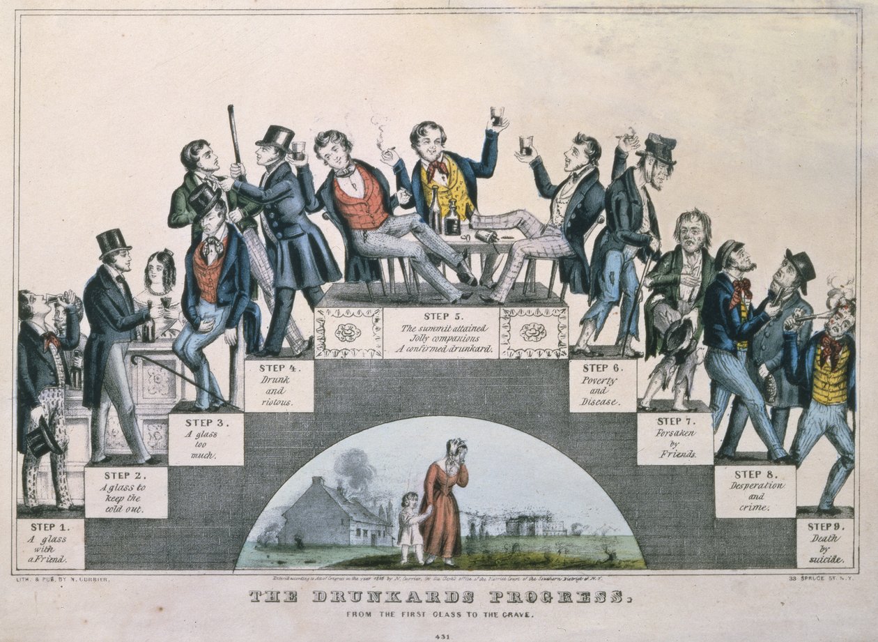 Juopon kulku ensimmäisestä lasista hautaan, 1848. tekijältä Nathaniel Currier