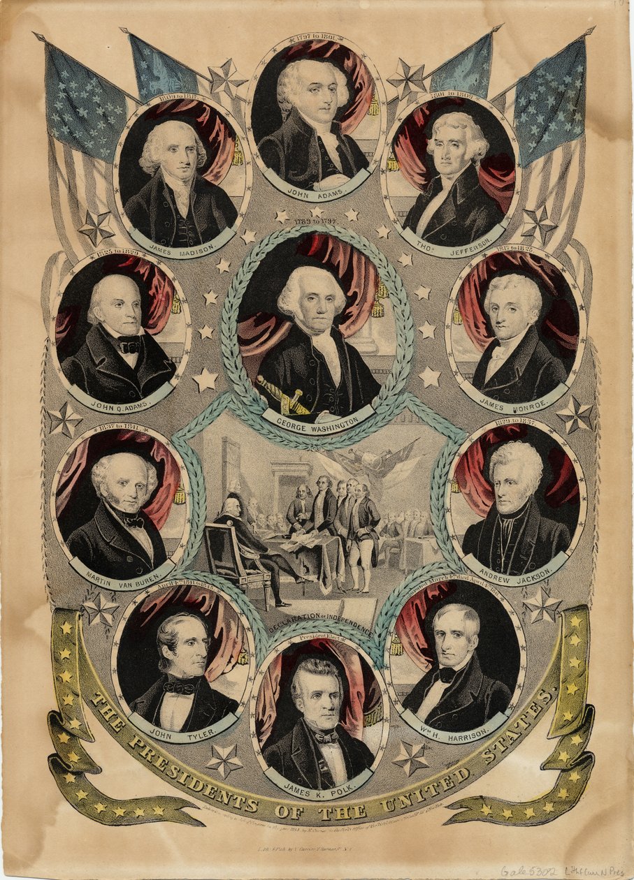 The Presidents of the United States, julkaissut N. Currier, New York, noin 1844. tekijältä Nathaniel Currier