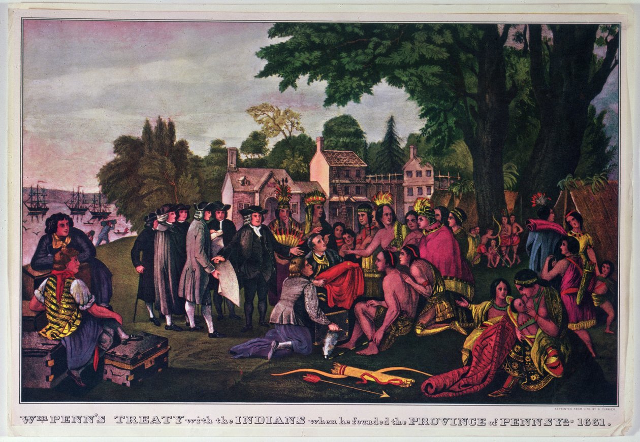 William Pennin sopimus intiaanien kanssa, kun hän perusti Pennsylvanian maakunnan, 1661 tekijältä Nathaniel Currier