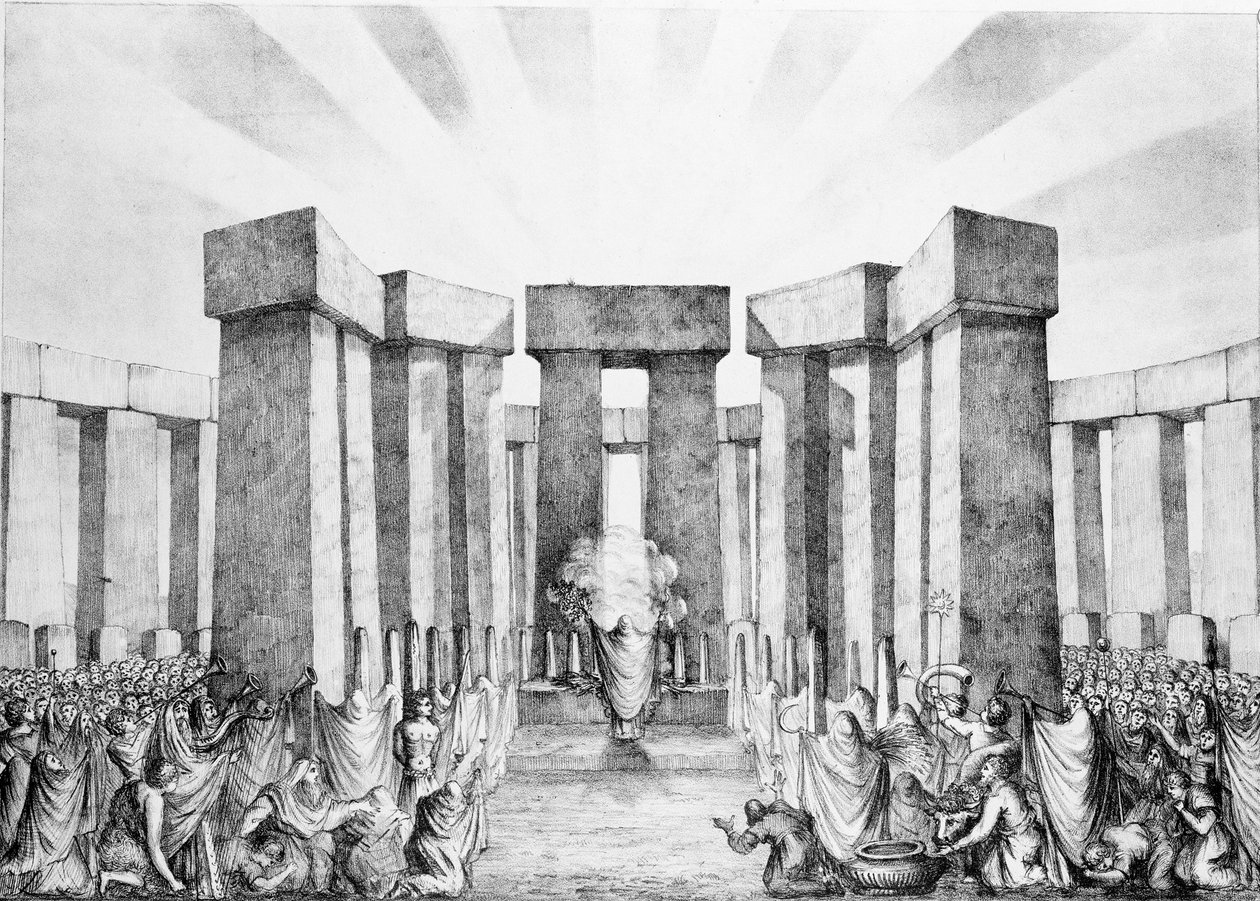 Druidit uhraamassa auringolle Stonehenge-temppelissään, tohtori Stukeleyn Stonehengen suunnitelmasta Ashmolean Museumissa Oxfordissa, kaiverrettu ja pubi. taiteilijan toimesta tekijältä Nathaniel Whittock