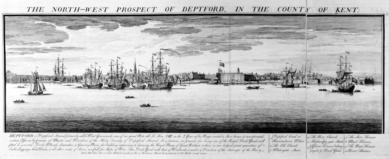 North-West Prospect of Deptford, Kentin kreivikunnassa, 1739 tekijältä Nathaniel and Samuel Buck