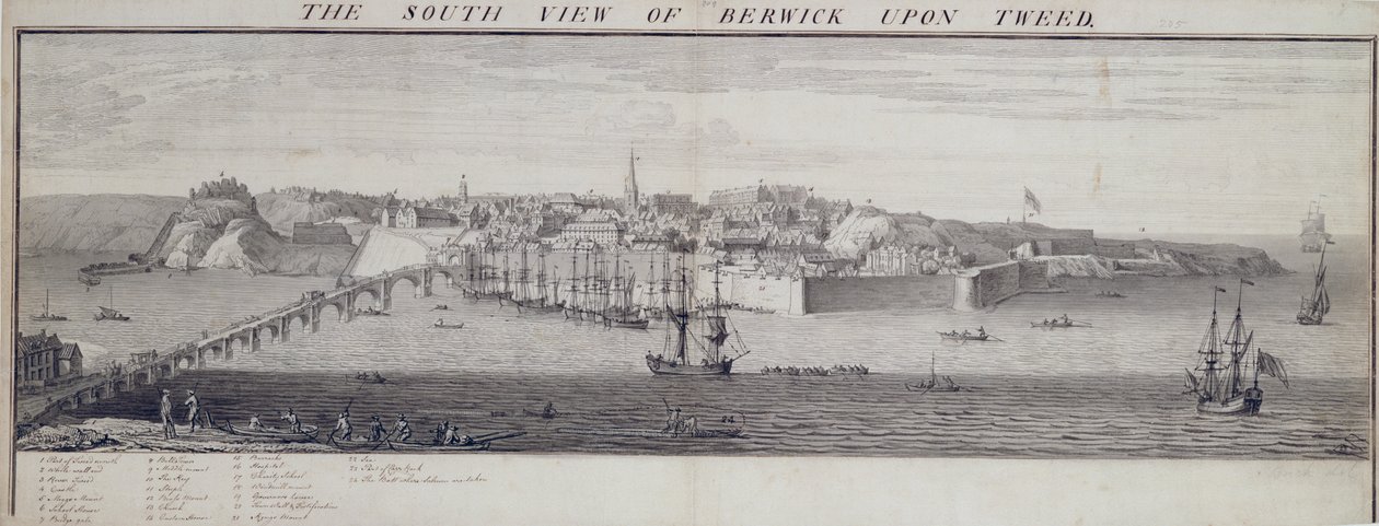 Etelänäkymä Berwick Upon Tweedistä, n. 1743-45 (kynä ja muste ja pesu paperille) tekijältä Nathaniel and Samuel Buck