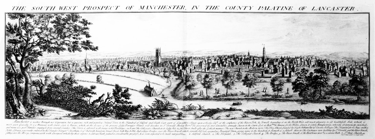 Manchesterin lounaisprospekti Lancasterin Palatinen piirikunnassa, 1728 tekijältä Nathaniel and Samuel Buck