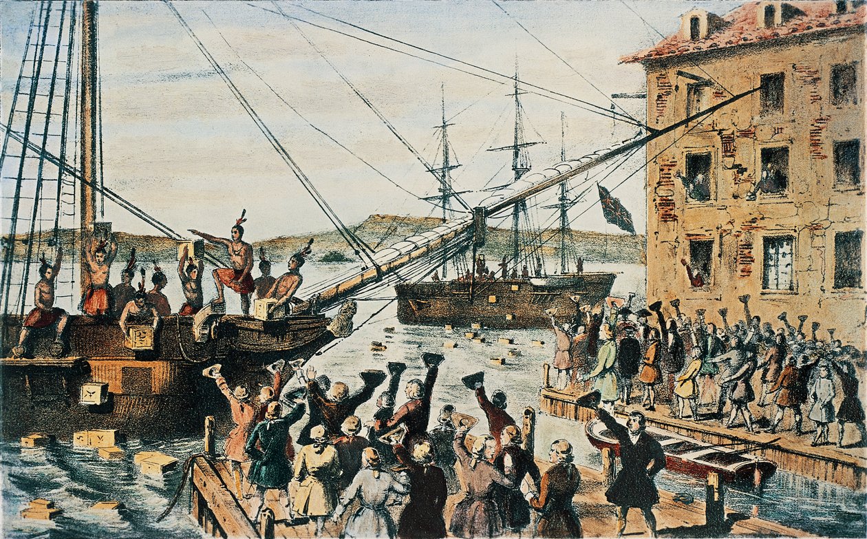Boston Tea Party, siirtolaiset heittivät yli laidan englantilaisia teearkkuja Bostonin satamassa 16. joulukuuta tekijältä Nathaniel (after) Currier