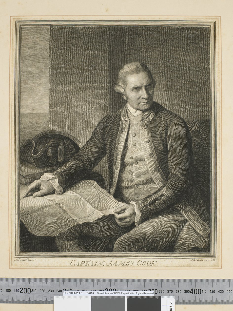 I. Kapteeni James Cook, kaiverrus J. K. Sherwin (1751–1790), n. 1773–84 (kaiverrus) tekijältä Nathaniel (after) Dance Holland