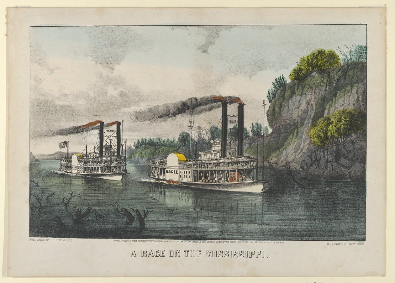 A Race on the Mississippi, 1870., 1870. Tekijät: Nathaniel Currier, James Merritt Ives, Currier ja Ives. tekijältä Currier and Ives