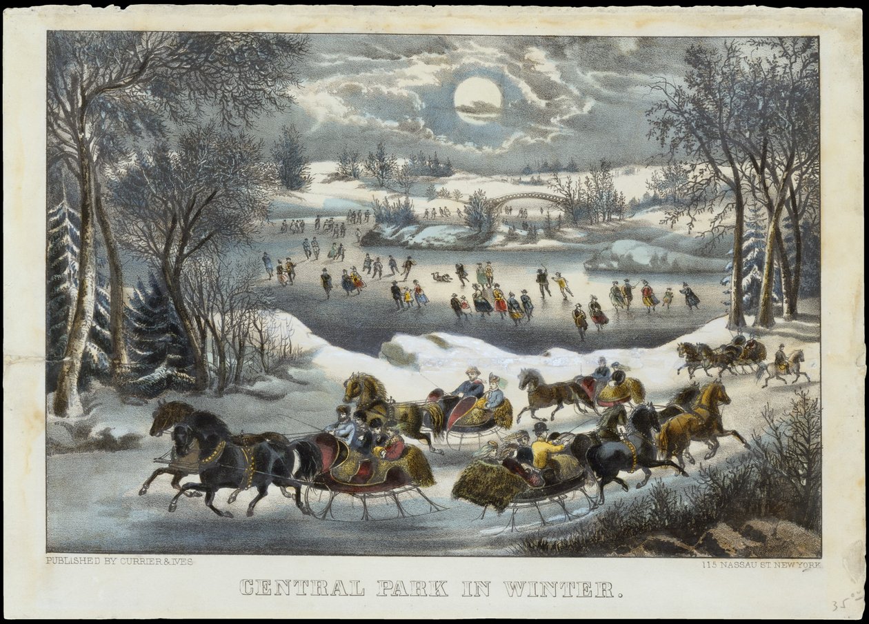 Keskuspuisto talvella, 1877-94, 1877-94. Tekijät: Nathaniel Currier, James Merritt Ives, Currier ja Ives. tekijältä Currier and Ives