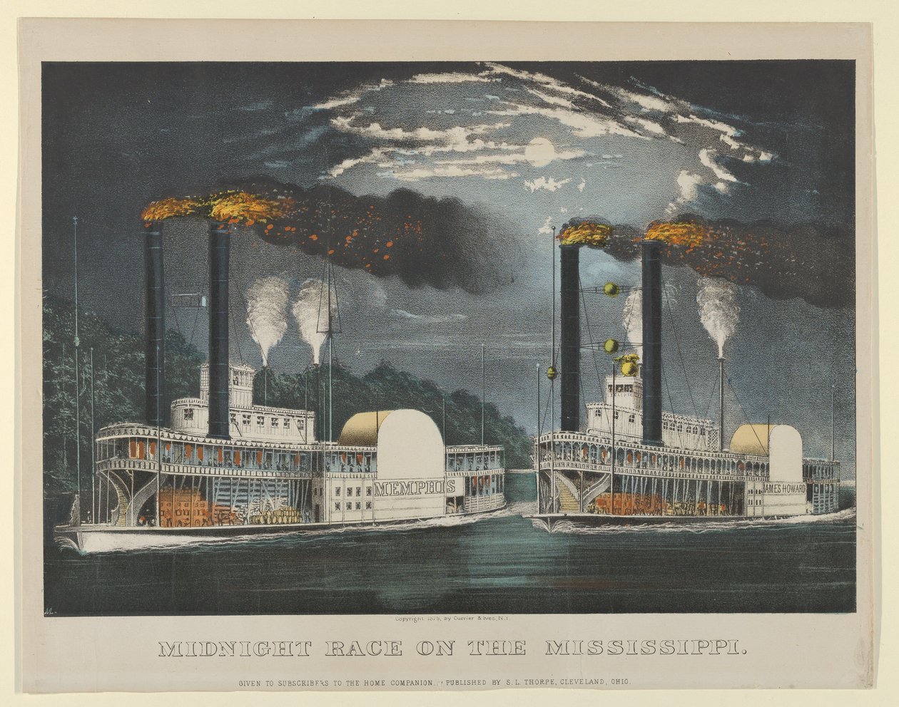 Midnight Race on the Mississippi, 1875., 1875. Tekijät: Nathaniel Currier, James Merritt Ives, Currier ja Ives. tekijältä Currier and Ives