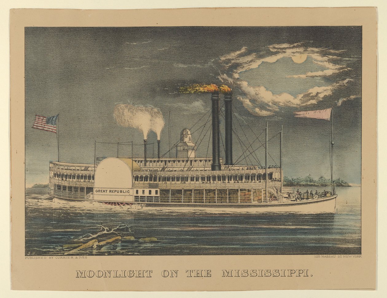 Moonlight on Mississippi, 1872-74, 1872-74. Tekijät: Nathaniel Currier, James Merritt Ives, Currier ja Ives. tekijältä Currier and Ives