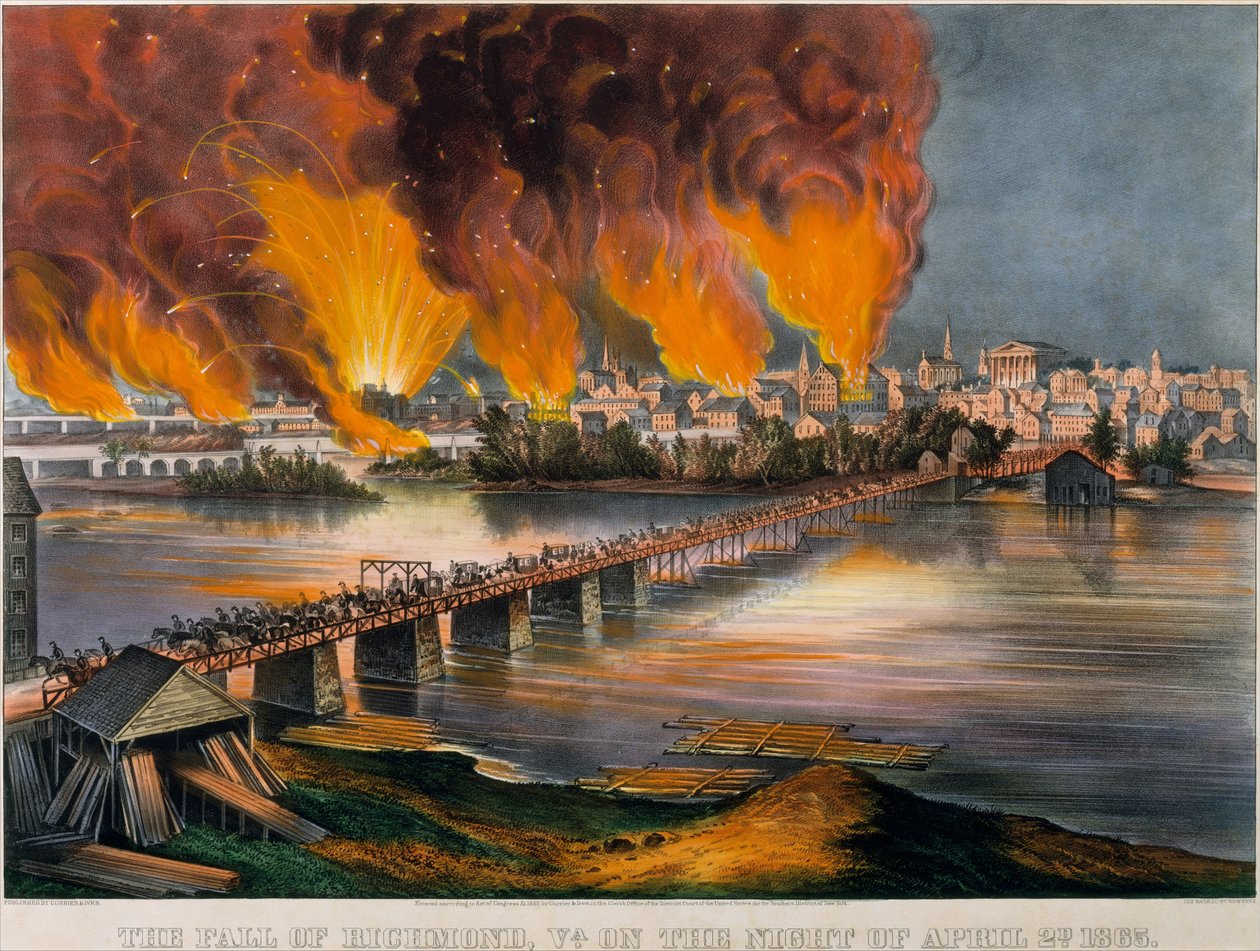 The Fall of Richmond, Virginia, yönä 2. huhtikuuta 1865, 1865, 1865. Tekijät: Nathaniel Currier, James Merritt Ives, Currier ja Ives. tekijältä Currier and Ives