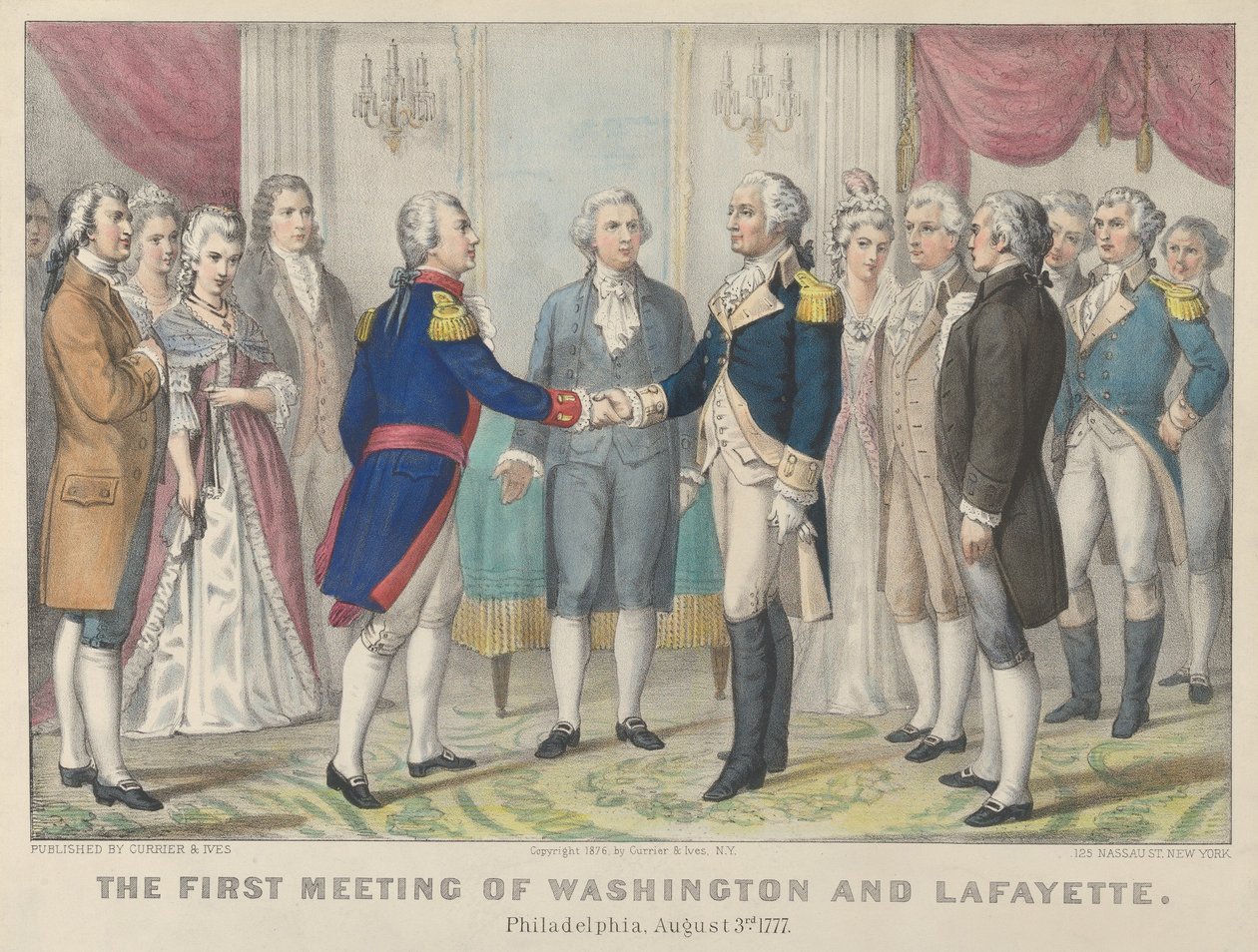 Washingtonin ja Lafayetten ensimmäinen tapaaminen – Philadelphia, 3. elokuuta 1777, 1876, 1876. Tekijät: Nathaniel Currier, James Merritt Ives, Currier ja Ives. tekijältä Currier and Ives