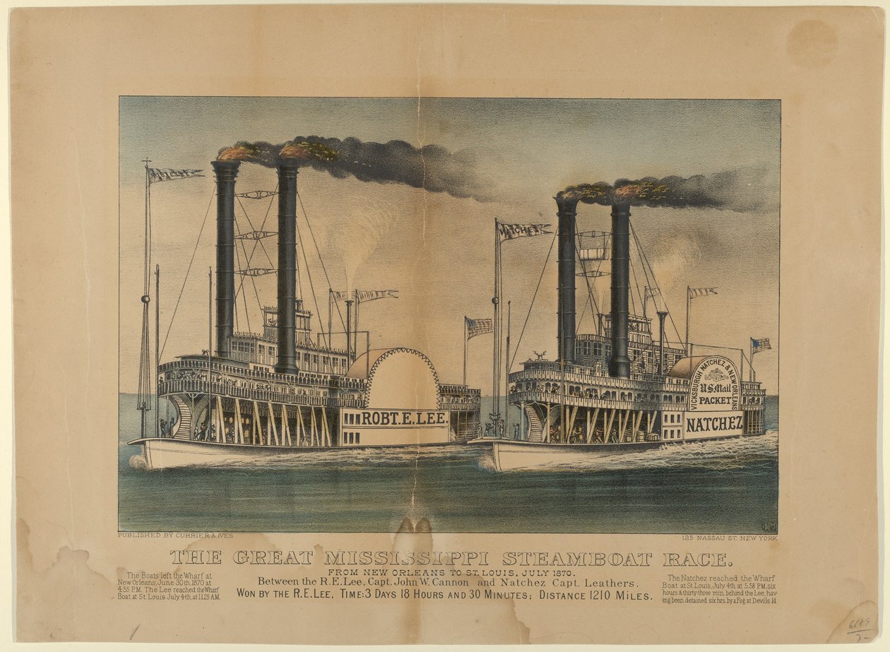 Suuri Mississippi Steamboat Race - New Orleansista St. Louisiin, heinäkuu 1870 - välillä t..., 1872-74. Tekijät: Nathaniel Currier, James Merritt Ives, Currier ja Ives. tekijältä Currier and Ives
