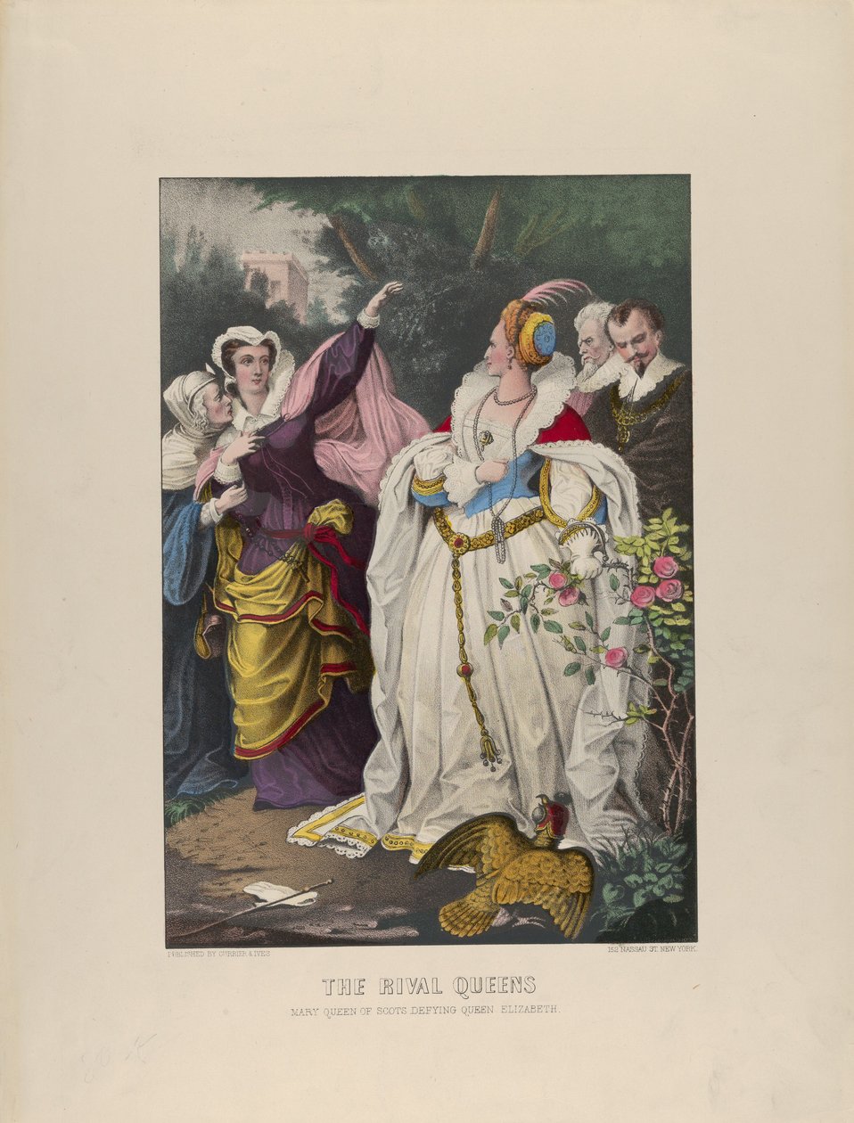 Kilpailevat kuningattaret - Skotlannin kuningatar Maria uhmaa kuningatar Elizabethia, 1857-72, 1857-72. Tekijät: Nathaniel Currier, James Merritt Ives, Currier ja Ives. tekijältä Currier and Ives