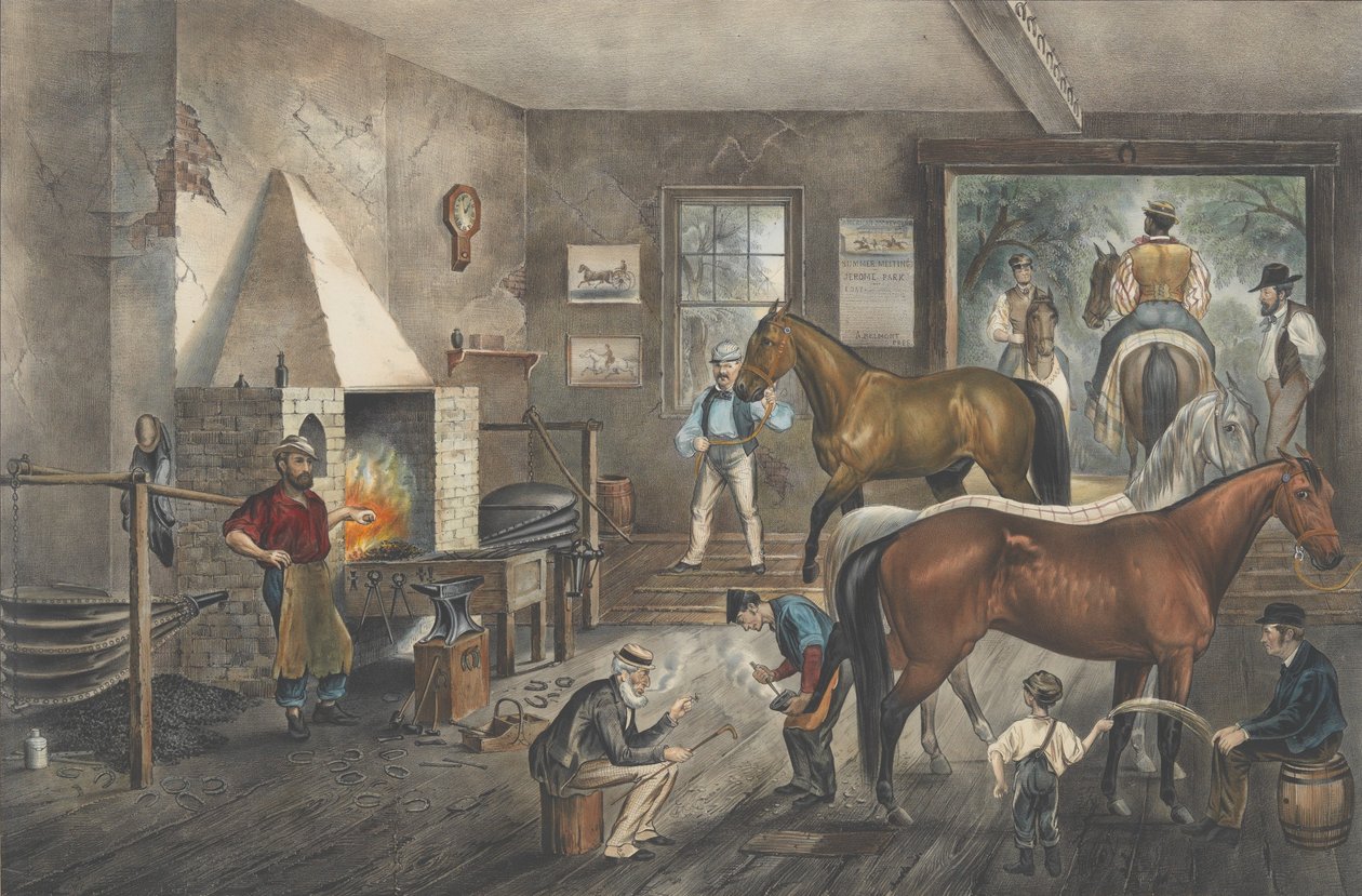 Trotting Cracks at the Forge, 1869., 1869. Creadors: Nathaniel Currier, James Merritt Ives, Currier i Ives.finnish tekijältä Currier and Ives