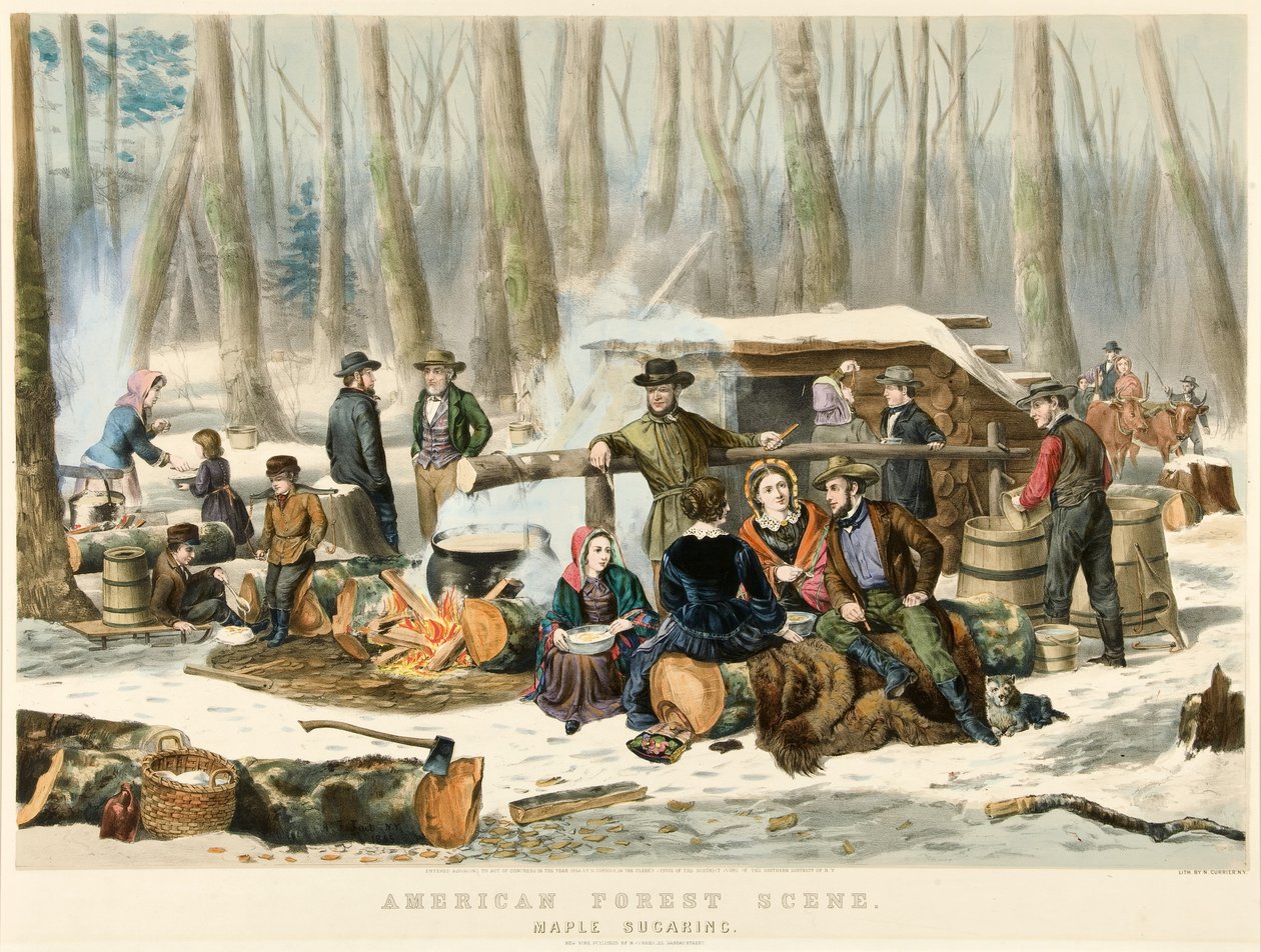 American Forest Scene - Maple Sugaring, pubi. 1855 tekijältä Nathaniel Currier