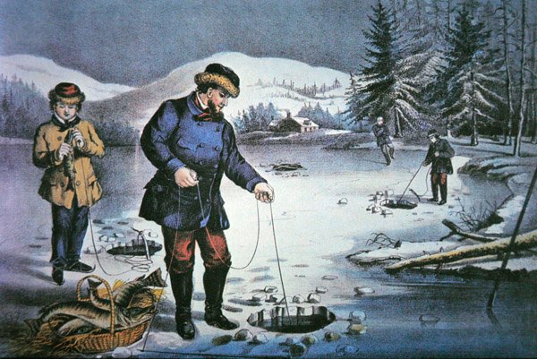 Amerikkalainen pioneerielämä: Kalastus jääreiän läpi tekijältä Nathaniel Currier