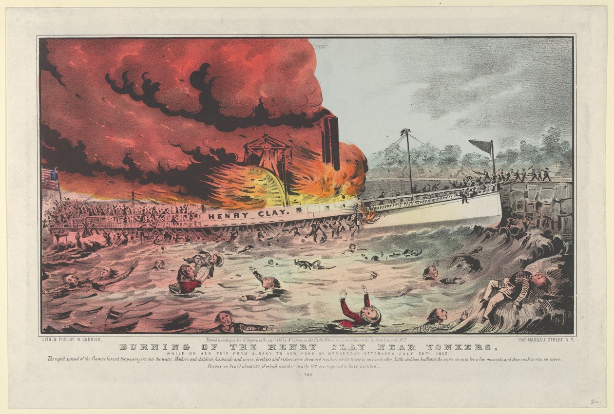 Henry Clayn polttaminen lähellä Yonkersia – hänen matkallaan Albanysta New Yorkiin keskiviikkona..., 1852. tekijältä Nathaniel Currier
