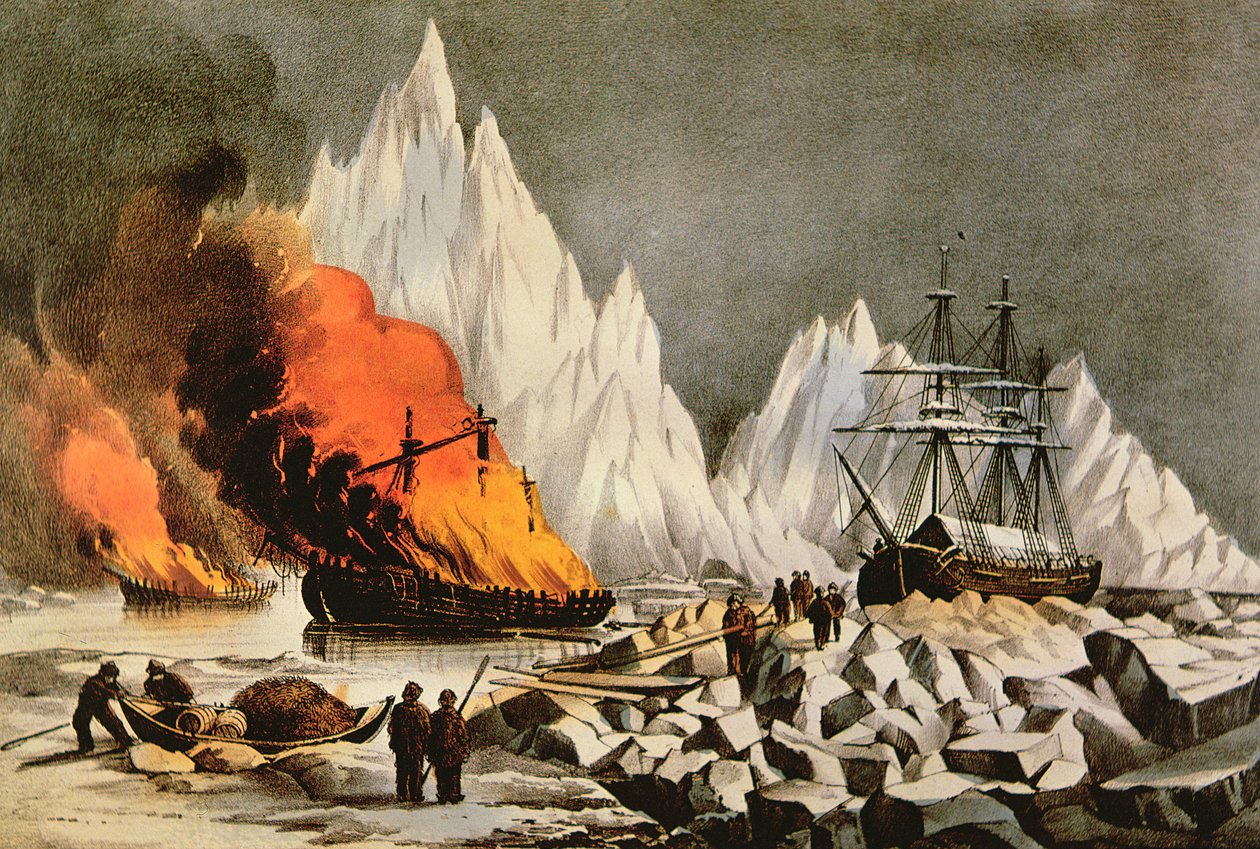 "Hylkien polttaminen muiden alusten vaaran välttämiseksi", The American Whale Fishery tekijältä Nathaniel Currier