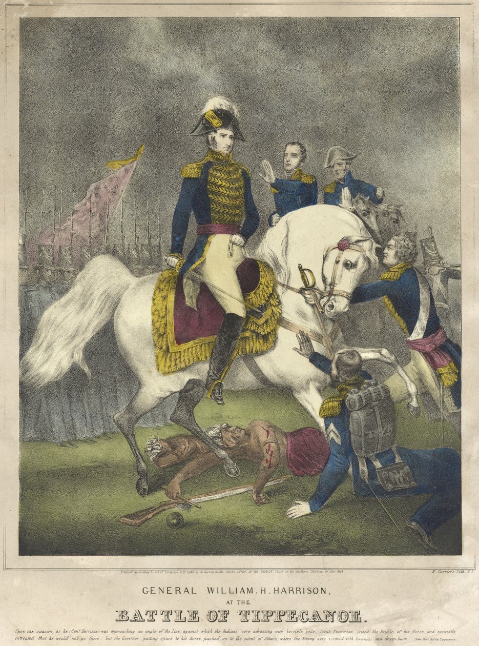Kenraali William H. Harrison Tippecanoen taistelussa, pub. 1840 tekijältä Nathaniel Currier
