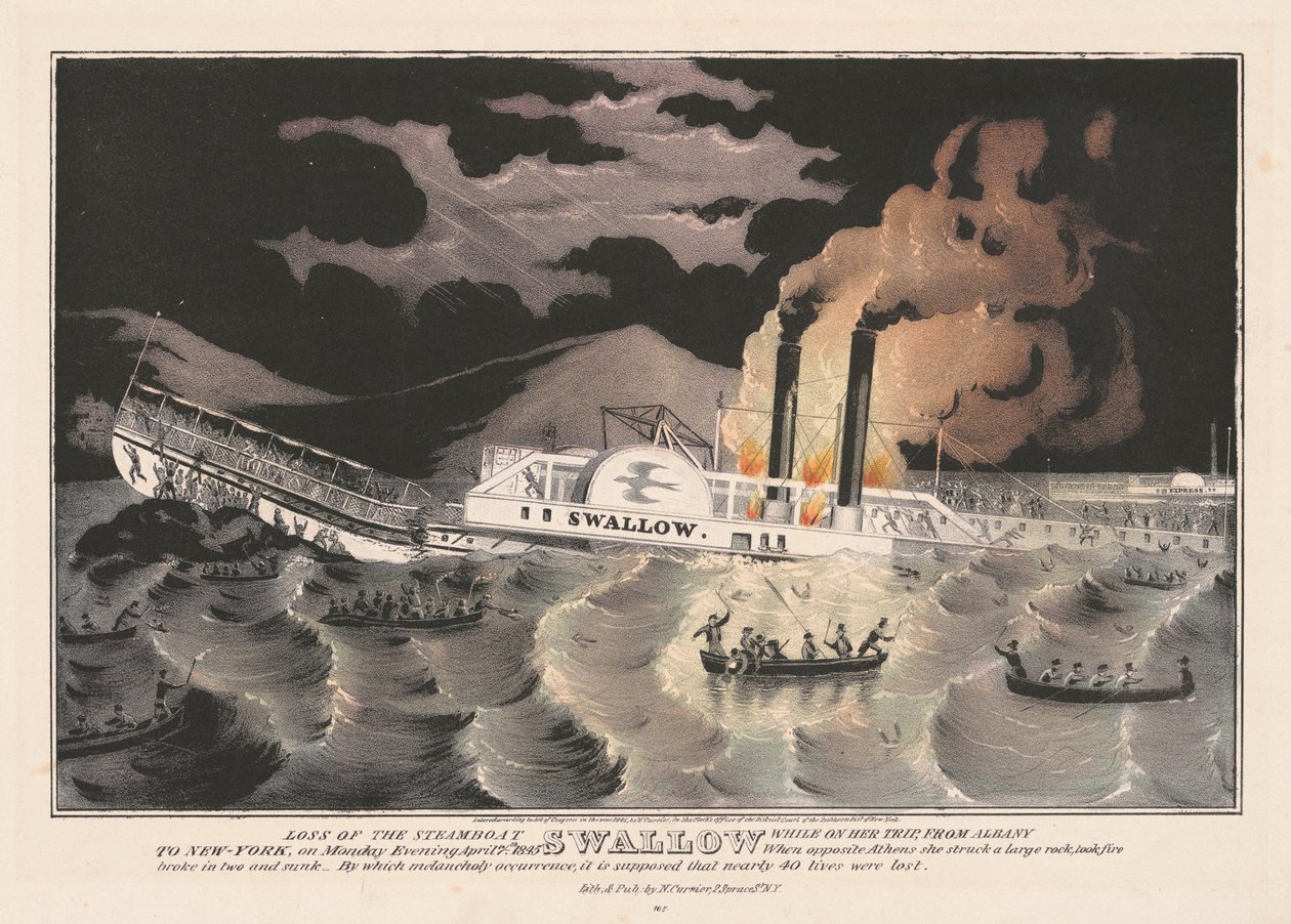 Höyrylaivan pääskynen menetys: matkallaan Albanysta New Yorkiin maanantai-iltana 7. huhtikuuta 1845 tekijältä Nathaniel Currier
