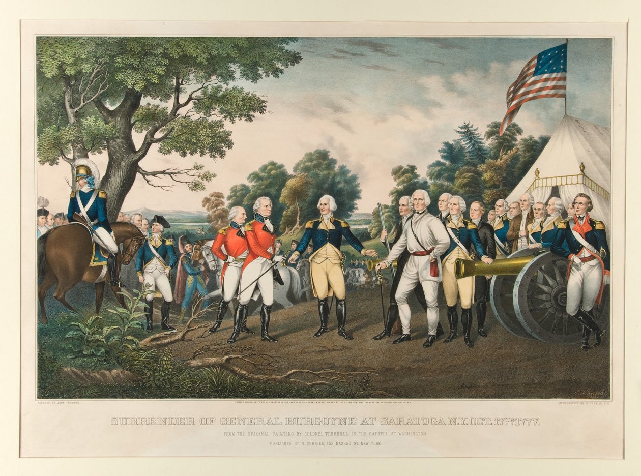 Kenraali Burgoynen antautuminen Saratogassa, New Yorkissa, 17. lokakuuta 1777 / Perustuu eversti Trumbullin alkuperäiseen maalaukseen, joka sijaitsee Washingtonin kongressitalossa. Maalannut John Trumbull tekijältä Nathaniel Currier