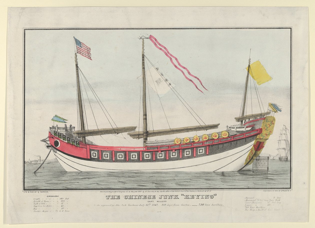 Kiinalainen Roskaposti-Kapteeni Kellett-Kun hän ilmestyi New Yorkin satamaan 13.7.1847. tekijältä Nathaniel Currier