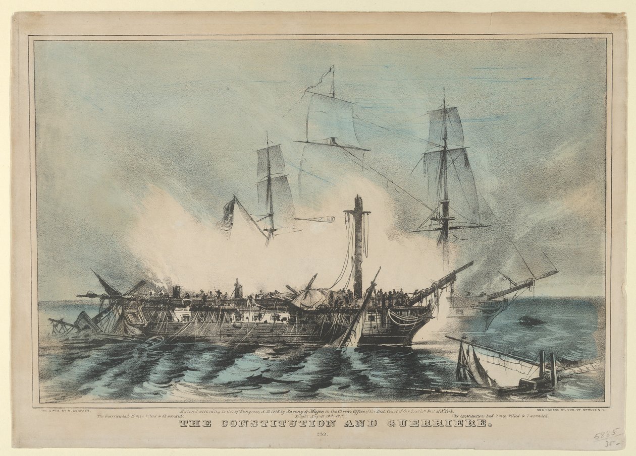 Perustuslaki ja Guerriere-taistelut 19. elokuuta 1812 - The Guerriere tappoi 15 miestä..., 1848. tekijältä Nathaniel Currier
