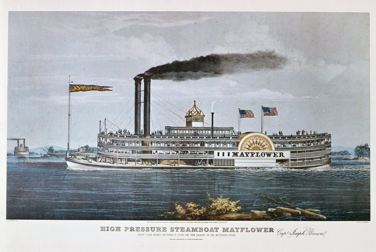 Höyrylaiva "Mayflower" Mississippi-joella. tekijältä Nathaniel Currier