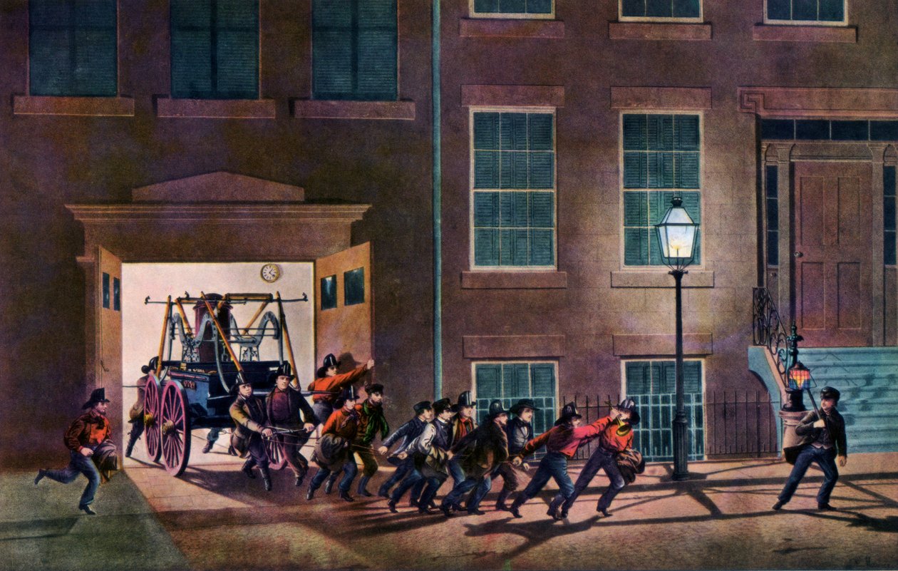 Yöhälytys, Palomiehen elämä, 1854. tekijältä Nathaniel Currier