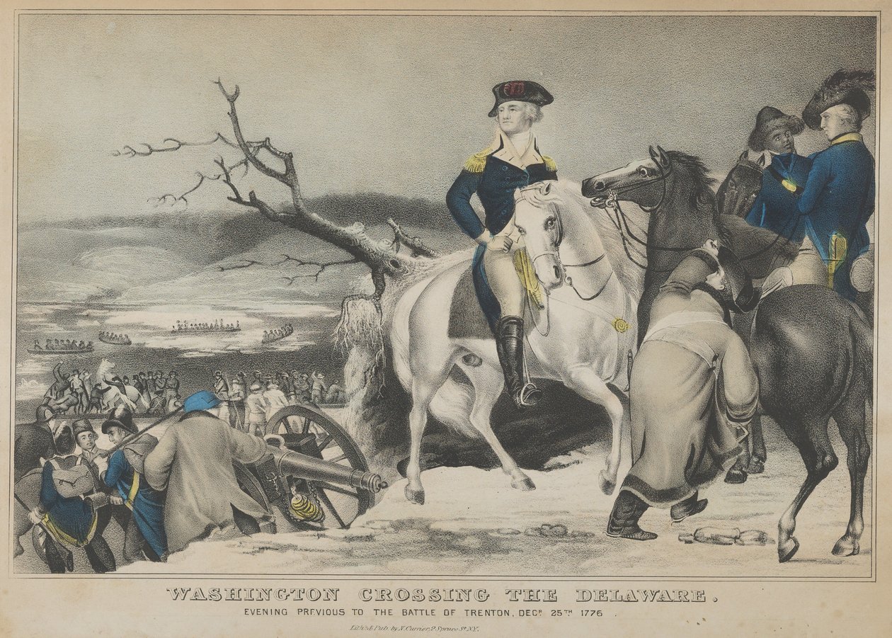Washington ylittää Delawaren iltana ennen Trentonin taistelua, 25. joulukuuta..., 1847. tekijältä Nathaniel Currier