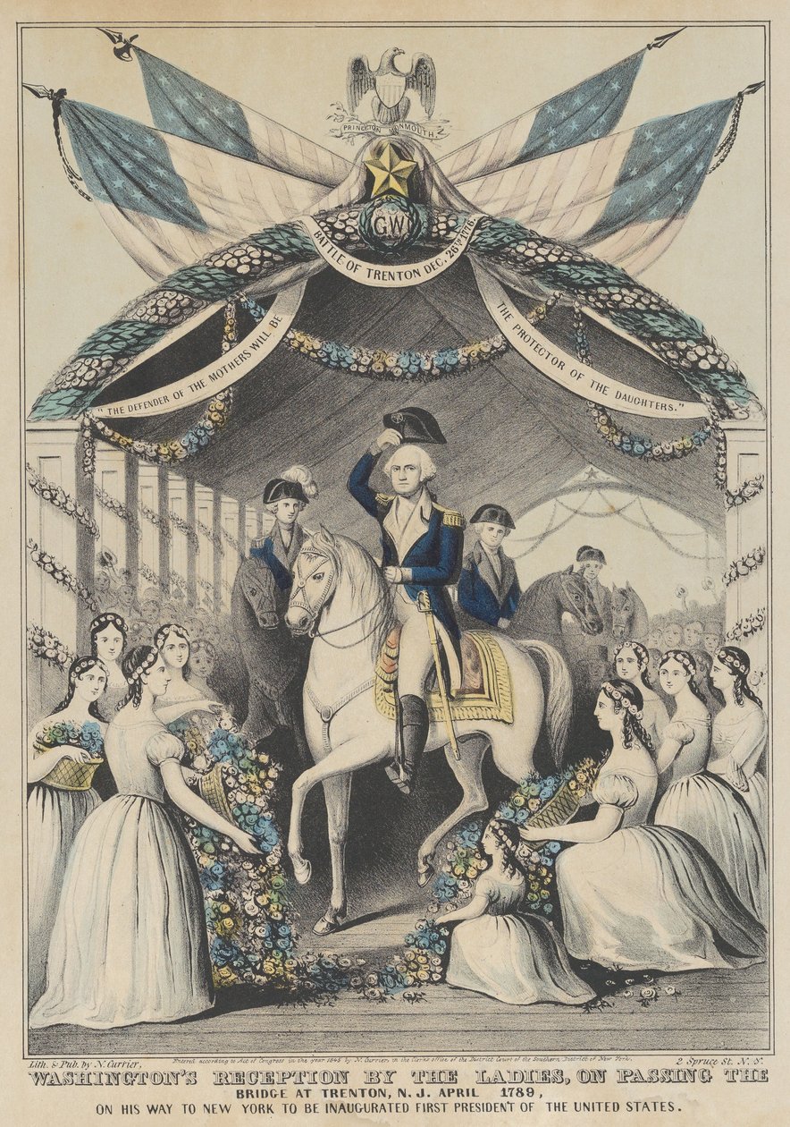 Washingtonin naisten vastaanotto sillan ohittaessa Trentonissa, N.J., huhtikuussa 1789, 1845. tekijältä Nathaniel Currier