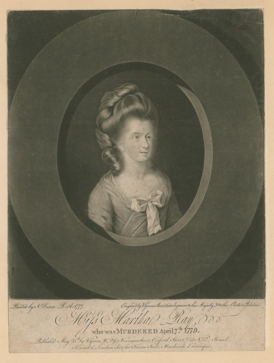 Martha Ray, laulaja, jonka sotilas James Hackman murhasi 7. huhtikuuta 1779 (kaiverrus). tekijältä Nathaniel Dance