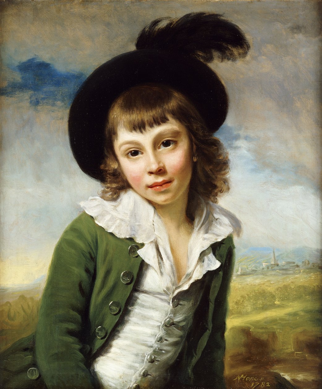 "The Green Boy": Muotokuva pojasta puolipitkä, vihreä takki ja musta hattu, jossa on höyhenpeite, 1782 tekijältä Nathaniel Hone