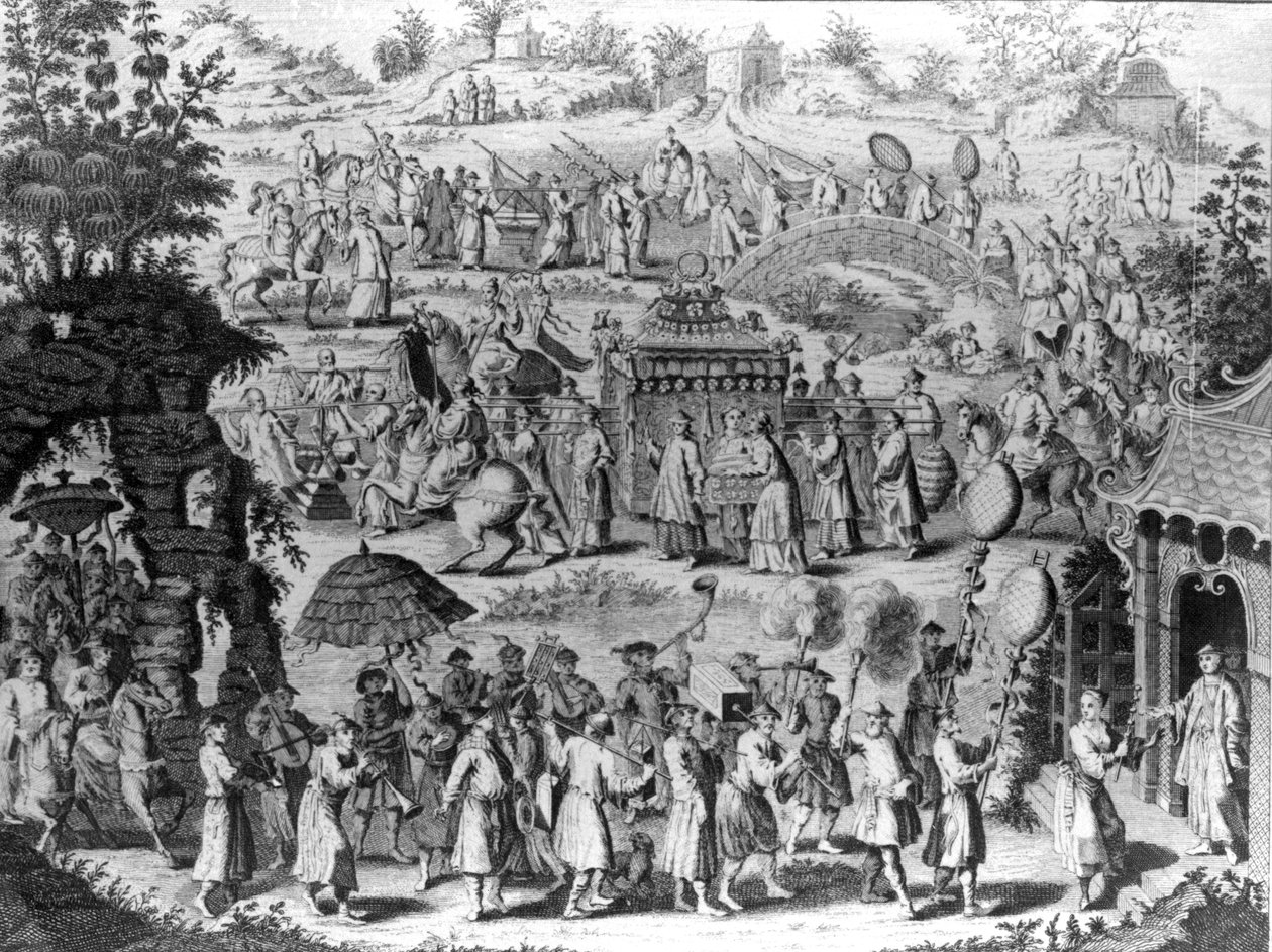 Morsiamen kulkue kotiin aviomiehelleen, kuvitus John Greenin kokoamasta "Uusi yleinen matka- ja matkakokoelma", 1747 tekijältä Nathaniel Parr