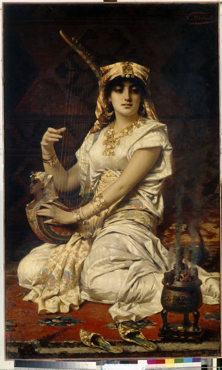 Almee (Almee). Muotokuva kauniista, oppineesta ja koulutetusta naisesta, soittaa musiikkia, pukeutunut egyptiläiseen pukuun. Nathaniel Sichelin (1843-1907) maalaus öljy kankaalle tekijältä Nathaniel Sichel