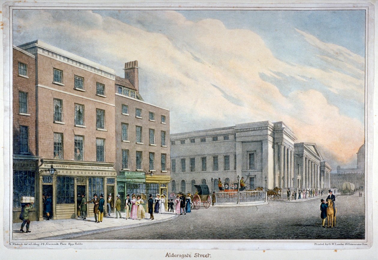 Aldersgate Street, Lontoon kaupunki, vuosi 1830 tekijältä Nathaniel Whittock