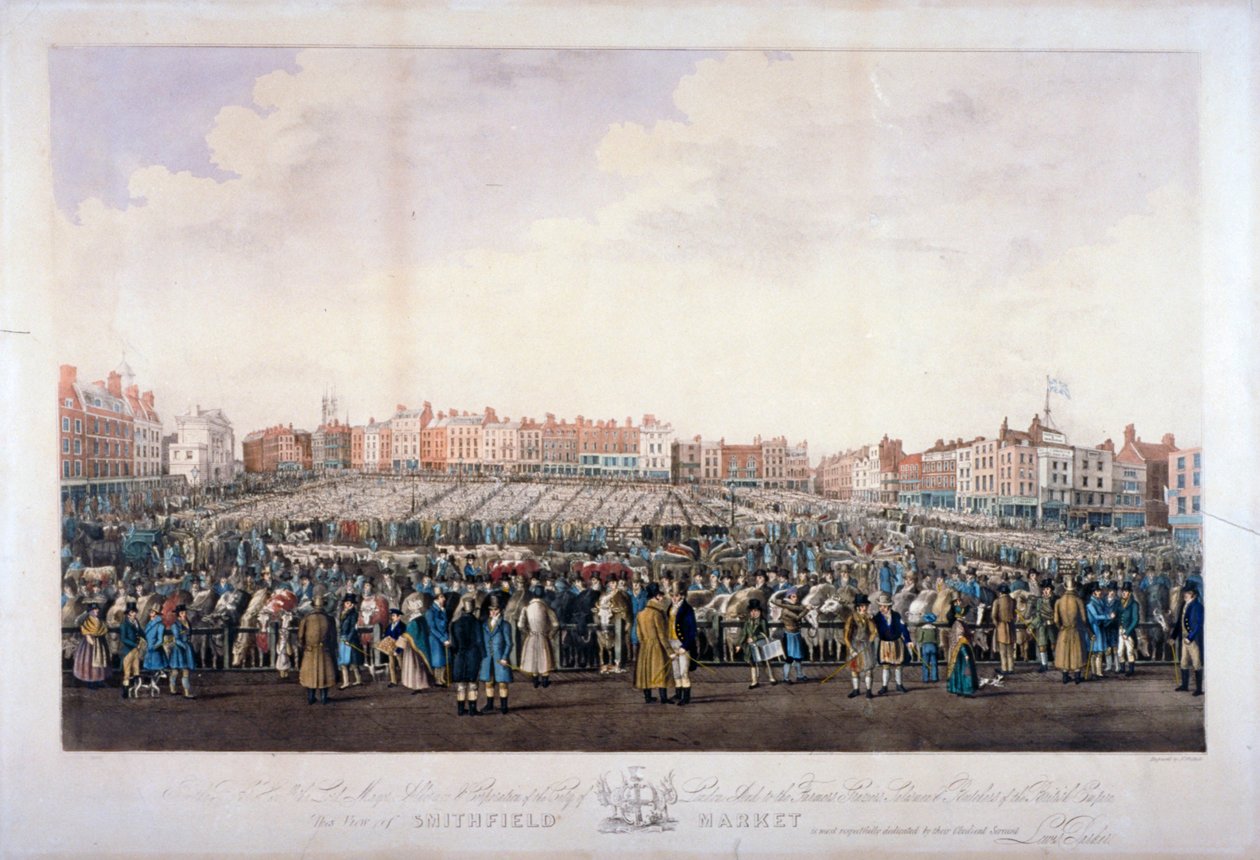 Smithfield Market, West Smithfield, Lontoon kaupunki, n. 1825. tekijältä Nathaniel Whittock