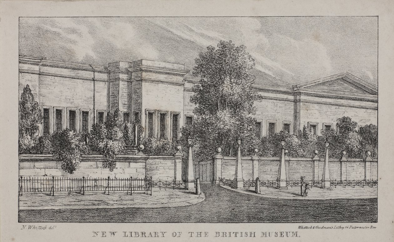 Näkymä British Museumin uudesta kirjastosta, n. 1830 (litho) tekijältä Nathaniel Whittock