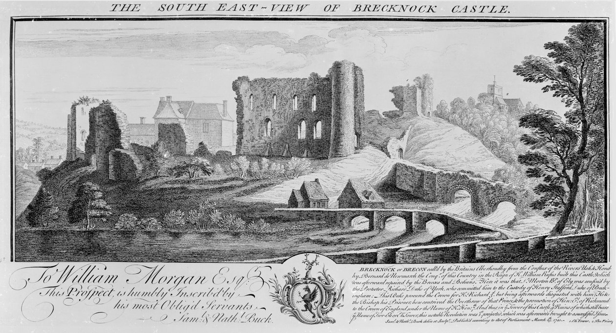 Brecknockin linnan kaakkoisnäkymä, 1741 tekijältä Nathaniel and Samuel Buck